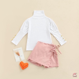Jop7-kid Girls Summer Outfit Set, Color sólido cuello alto manga larga camiseta + pantalones cortos irregulares para niños, 1-6 años, blanco