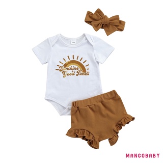 Mg-tres piezas ropa de bebé niña dulce arco iris letra de manga corta mameluco y pantalones cortos con diadema