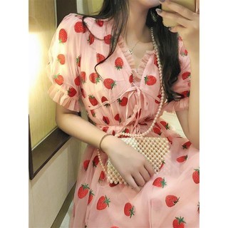 [Cod] ❤ Listo Stock: vestido de fresa de manga corta, verano francés, falda de Bellflower, primer vestido de amor, mejor regalo (3)