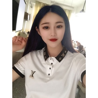 Lv_camiseta de manga corta mujer estilo coreano solapa POLO camisa Slim Top