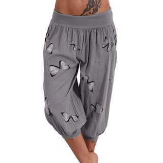Pantalones casuales para mujer 3/4 Harem Pants casuales pantalones elásticos de Cintura de verano de mariposa estampados pantalones casuales con bolsillos (3)