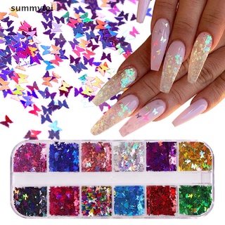 summytei 1 caja flake uñas arte glitter brillante 3d láser mariposa lentejuelas consejos diy arte de uñas cl