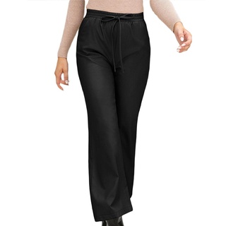 ◑Jy✬Pantalones de piel sintética para mujer, Color sólido atado elástico de cintura recta pantalones con bolsillos para niñas,