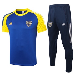 2021 2022 Boca Juniors Men Sapphire Blue Yellow Sleeve Round Neck Sports Pants Football Training Set