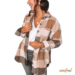 ❀Xp☆Mujer Casual suelto manga larga camisa otoño moda cuadros costuras solapa abrigo de un solo pecho