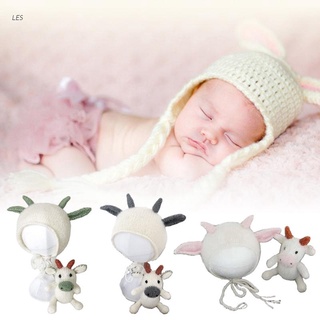 LES 2 piezas bebé punto sombrero de vaca conjunto de muñecas de ganchillo gorros gorra recién nacido fotografía accesorios para bebés foto tiro posando