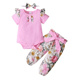 ✮Hp♧Conjunto de ropa de estampado Floral para bebé, manga corta O-cuello mameluco+pantalones largos con cintura+diadema de nudo de arco