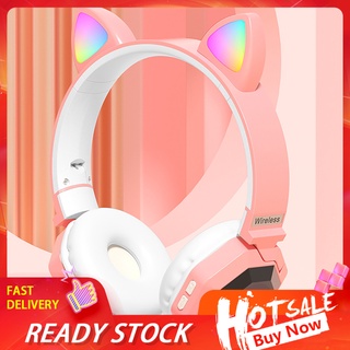 GO LS020 Bluetooth Headphone Easy to Operate RGB Light Silicone Lovely Cat Ear Wireless Headset with Mic for Girl