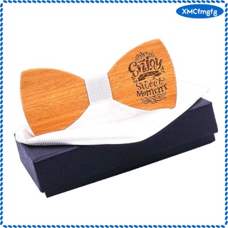 English Proverb Men\\\'s Wooden Bow Tie Handkerchief Set with Stroage Box E