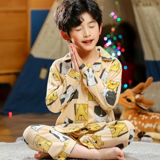 Pijama conjunto Baju Tidur pijamas estilo de manga larga pijamas impresión cachorro impresión solapa pijama transpirable Big Boy algodón pijama (1)