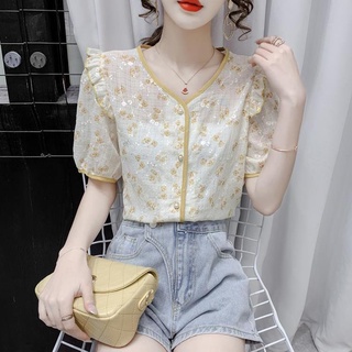 Camisa de gasa estampada con fragancia pequeña de hoja de loto 2021 verano nuevo estilo camisa floral suelta de moda coreana