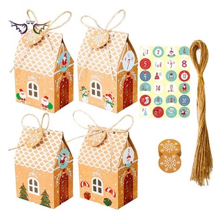 24 conjuntos de navidad casa caja de papel Kraft galletas bolsa de caramelo copo de nieve etiquetas 1-24 adviento calendario pegatinas cuerda
