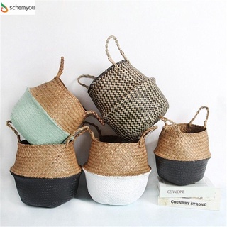 SCHEMYOU Crafts Seagrass Woven Folding Plant Pot Bag Flower Basket DIY Home Decor Storage Holder Handmade Belly Basket/Multicolor