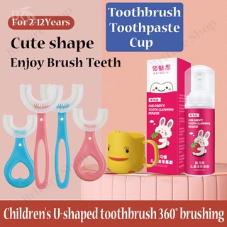 Cepillo de dientes de bebé en forma de U cepillo de dientes Mousse espuma pasta de dientes taza conjunto de cepillo de dientes de los niños herramienta de limpieza