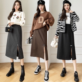 [Spot sale] high waist autumn and winter design black skirt women's split middle and long small a-shaped long skirt
