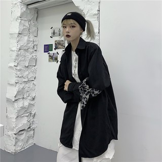 ☋Camisa femenina otoño nueva versión coreana ins retro estampado de leopardo costura camisa de manga larga suelta bf top coat tendencia