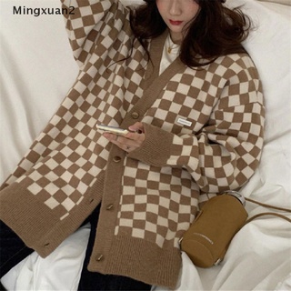 [Ming] Suéteres de punto mujeres sueltos dulce elegante caliente suéteres de manga larga a cuadros Cardigan