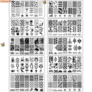 CROWN 1 Set New Template Stencil DIY Image Stencil Nail Stamping Plates Cartoon Pattern Beauty Image Stencils Stainless Steel Flowers Geometry Sponge Pen