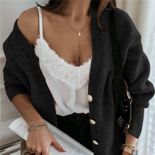 Autumn Women Knitted Cardigan Sweaters Solid V Neck Loose Knitwear Jacket Single Breasted Coat Tops Cardigan Outerwear (8)