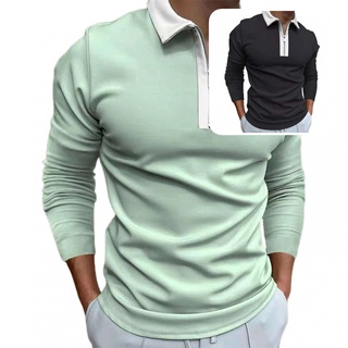 qinfuh Male Pullover Contrast Color Stretchy Shirt Soft for Office