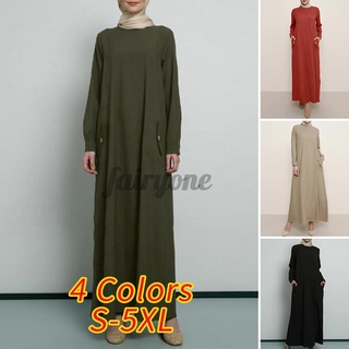 Hadas de las mujeres suelta de manga completa O-cuello bolsillos botones túnica vestido musulmán