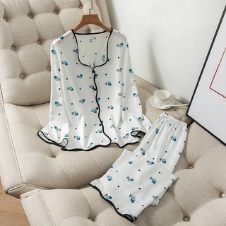 Nueva llegada de las mujeres de hielo de seda pijamas de manga larga ropa de hogar satén gasa seda ropa de dormir