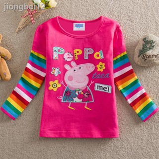 2019 Camiseta De algodón Bordada Para niños con Manga larga Peppa Pig Para niñas