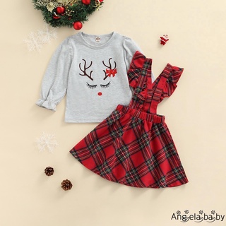 Hian-2 piezas de trajes de navidad para niños pequeños, niñas alce impresión Puff manga cuello redondo jersey + Plaid volantes falda liguero