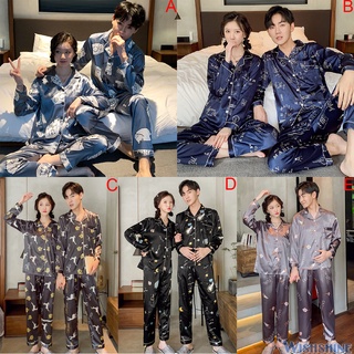 Moda más el tamaño de los hombres mujeres Unisex pareja suave Baju Tidur seda satén pijamas conjunto de manga larga pijamas masculino femenino ropa de dormir ropa de dormir ropa de dormir