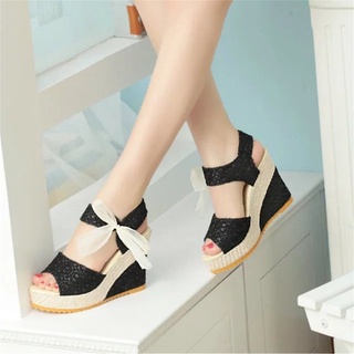 Women Sandals Open Toe Slipsole Lace Ribbon Platform High Heels Wedge Shoes