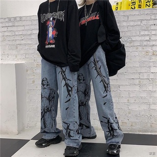 Versión coreana de ins Harajuku street hip-hop print retro jeans lavados hombres y mujeres sueltos pantalones papá pierna ancha marea 20220104