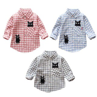 Bebé niño niña cuadros camiseta niño gato impresión camisa Turn-down cuello blusa
