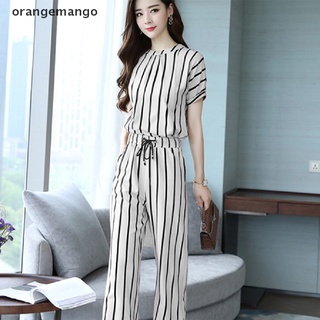 Orangemango Womens Striped Leisure Suit Short Sleeved Blouse+Wide Leg Pants Two Pieces Set CL (3)