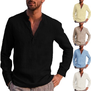 [ufas] camisa de manga larga con cuello de pie casual para hombre/camisa de algodón con bolsillo de manga larga