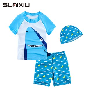 slaixiu niños niño trajes de baño con gorra de dibujos animados tiburón diseño de alta elasticidad niños niños traje de baño azul (1set)