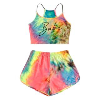 ivy mujeres tie-dye letra 2 piezas conjunto degradado arco iris cami crop top shorts chándal