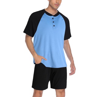 ✤-Los hombres de verano pijamas conjuntos de moda contraste Color de manga corta Tops y pantalones cortos de Color sólido ropa de hogar (6)