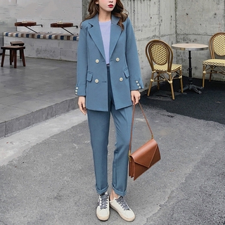 las señoras de la moda de manga larga de doble botonadura blazer + pantalones de oficina de 2 piezas traje (1)