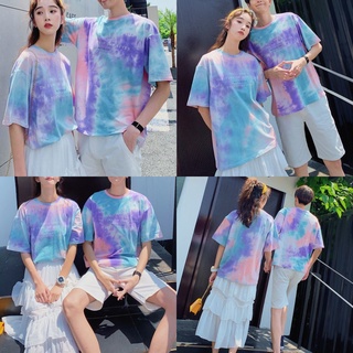 Mu♫-Camiseta de verano Tie-dye pareja, adultos suelta letra impresión manga corta cuello redondo jersey