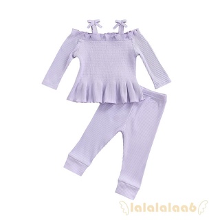 LAA6-Baby Niñas Color Sólido Manga Larga Vendaje Correa Tops Con Volantes Y Pantalones Casuales Elásticos (8)