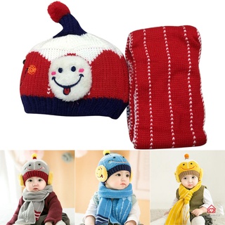Bebé niño invierno de punto orejeras gorro gorro bufanda conjunto de dibujos animados sonrisa cara sombrero