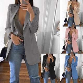 polanu moda mujer color sólido bolsillos delanteros abiertos chaqueta abrigo largo oficina blazer