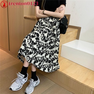 trenton0123 Women Skirt Floral Printing Black Slimming High-waist Long Skirt