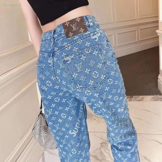 □LV 20 new full-print blue high-waisted jeans European and American style street hip-hop loose straight wide-leg pants denim trousers (1)