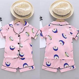 Ruiaike verano bebé niños niñas seda satén pijamas conjunto de dibujos animados de manga corta blusa Tops +pantalones cortos 2pcs ropa de dormir (2)