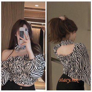 Tl mujer dulce Puff manga T-shirt moda Zebra patrón Off-hombro expuesto ombligo Tops con un cuello