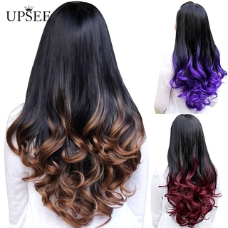 Upsee mujeres gran onda larga rizado ondulado degradado Color Ombre tres-forth peluca de pelo completo