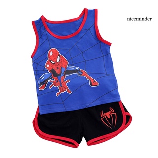 Nice_2 unids/Set ropa de niños traje Spiderman impresión amigable con la piel Anti-fade niños camiseta pantalones cortos traje para deportes (8)