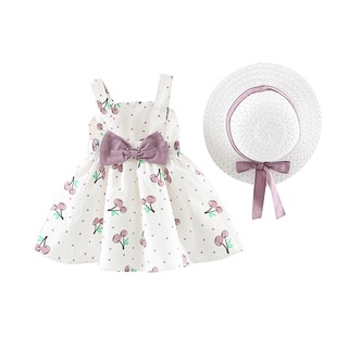 Niño bebé niños niñas sin mangas de cereza punto princesa vestidos de arco sombrero trajes sjaded (2)