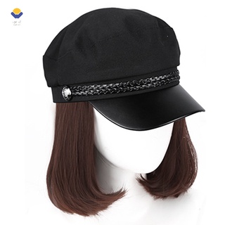 sombreros con peluca adjunta para las mujeres gorra con corto bobo negro pelo recto disfraz disfraz (1)